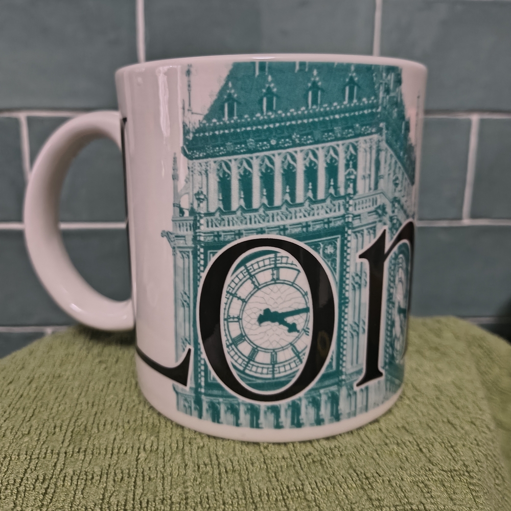 White Ceramic London Souvenir Mug with Teal Design